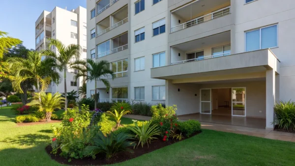Fachada de condomínio residencial brasileiro com área comum
