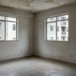 Interior de apartamento alugado no Brasil com rachaduras e infiltrações precisando de reparos.