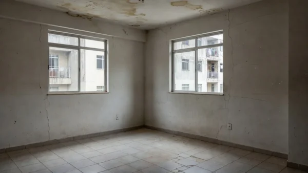 Interior de apartamento alugado no Brasil com rachaduras e infiltrações precisando de reparos.