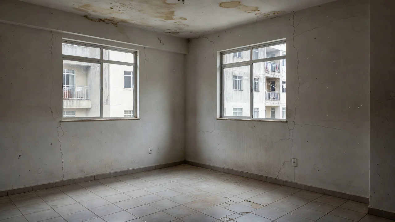 Interior de apartamento alugado no Brasil com rachaduras e infiltrações precisando de reparos.
