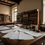 Mesa de cartório com documentos de contrato de aluguel e selos oficiais