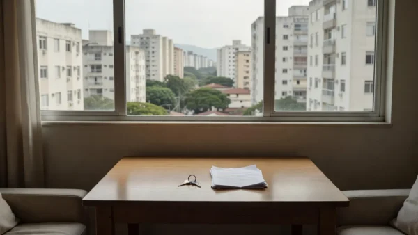 Apartamento brasileiro com chaves e documentos representando acordo mútuo de aluguel sem multa