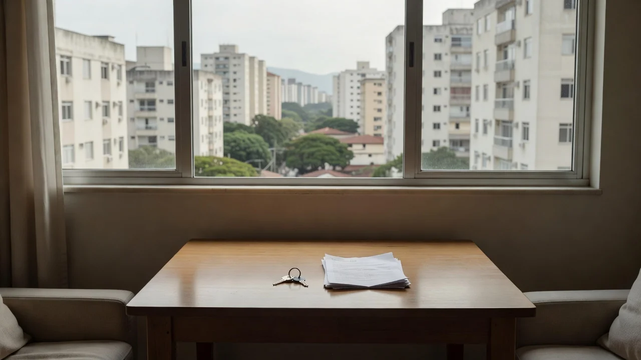 Apartamento brasileiro com chaves e documentos representando acordo mútuo de aluguel sem multa