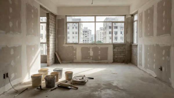 Apartamento brasileiro em reforma com materiais de construção organizados