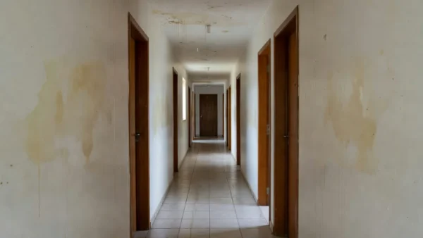 Corredor de condomínio com manchas de vazamento de água no teto
