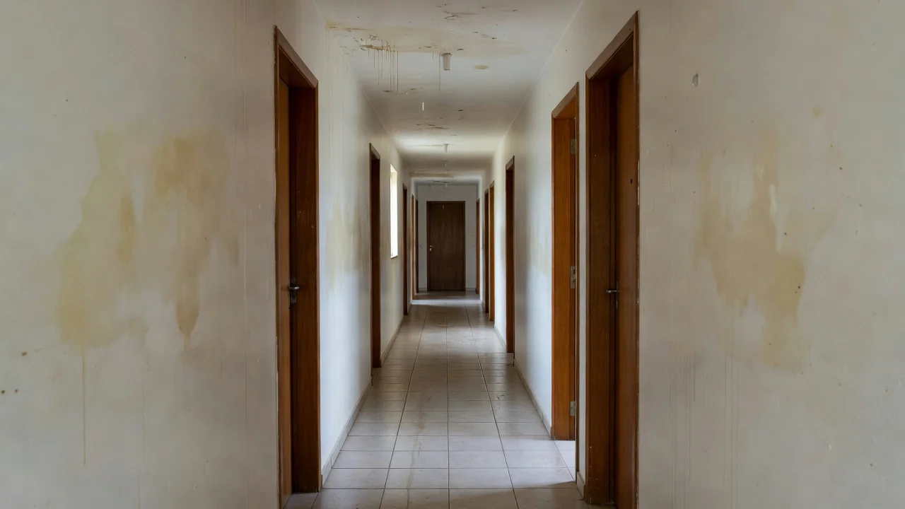Corredor de condomínio com manchas de vazamento de água no teto