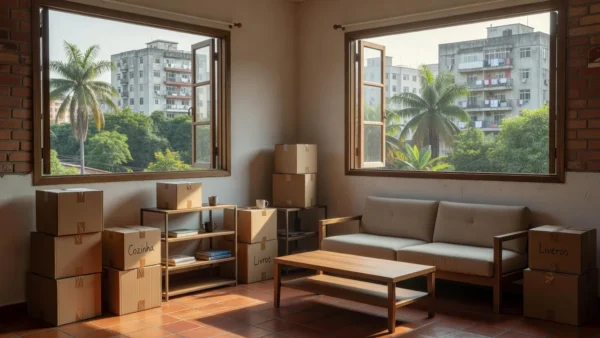 Apartamento pequeno organizado com caixas de mudança no Brasil