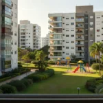 Condomínio residencial brasileiro com áreas comuns e playground