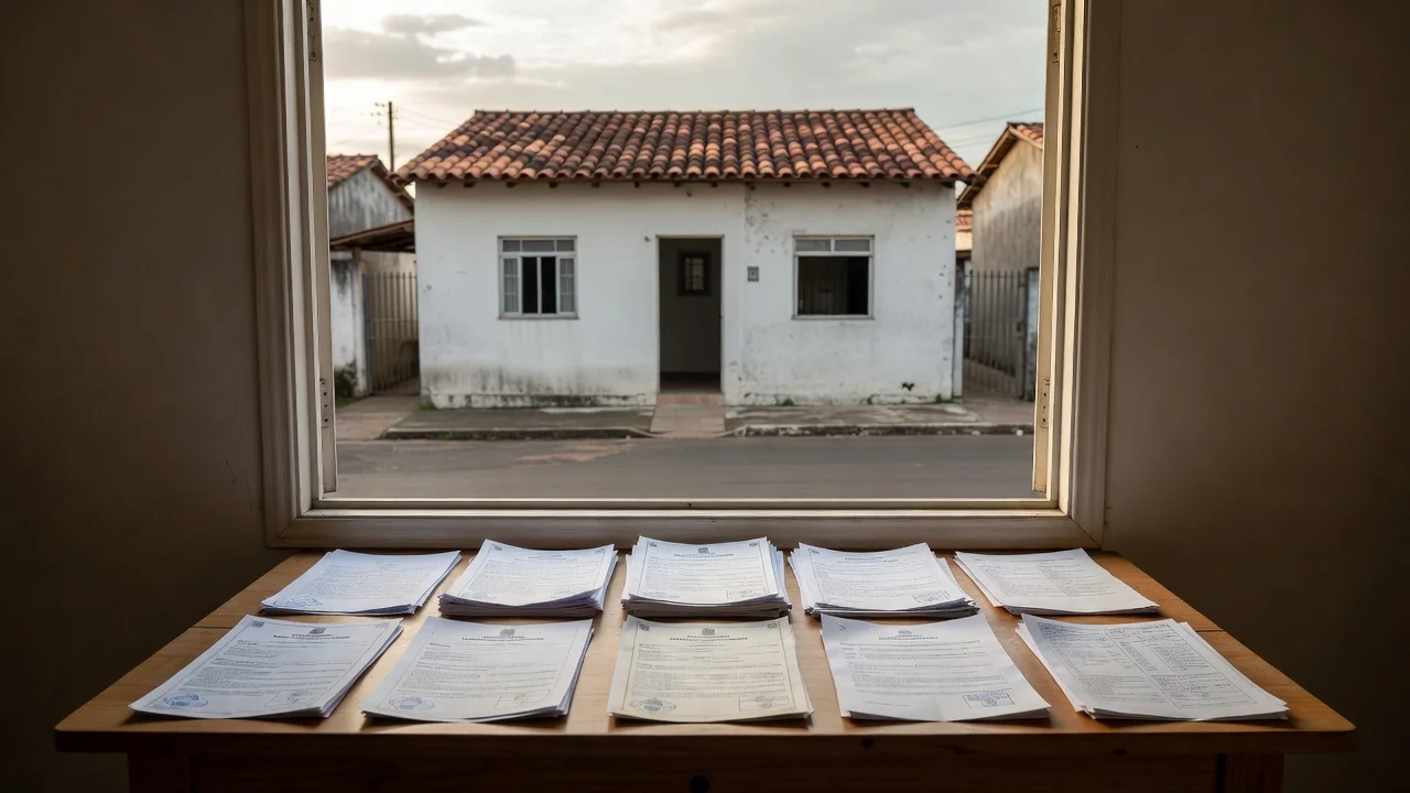 Casa brasileira com documentos de imóvel sobre mesa para verificação de pendência de herança