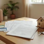 Documentos para financiar o primeiro imóvel espalhados em mesa de madeira em casa brasileira