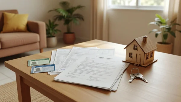 Documentos para financiar o primeiro imóvel espalhados em mesa de madeira em casa brasileira