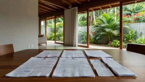 Documentos de compra de imóvel sobre mesa em casa brasileira