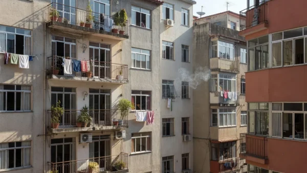 Fumaça de cigarro saindo de janela em prédio de apartamentos brasileiro