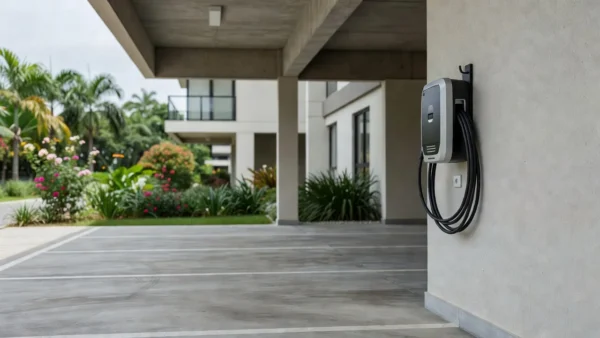 Carregador para carro elétrico instalado em vaga de condomínio residencial brasileiro