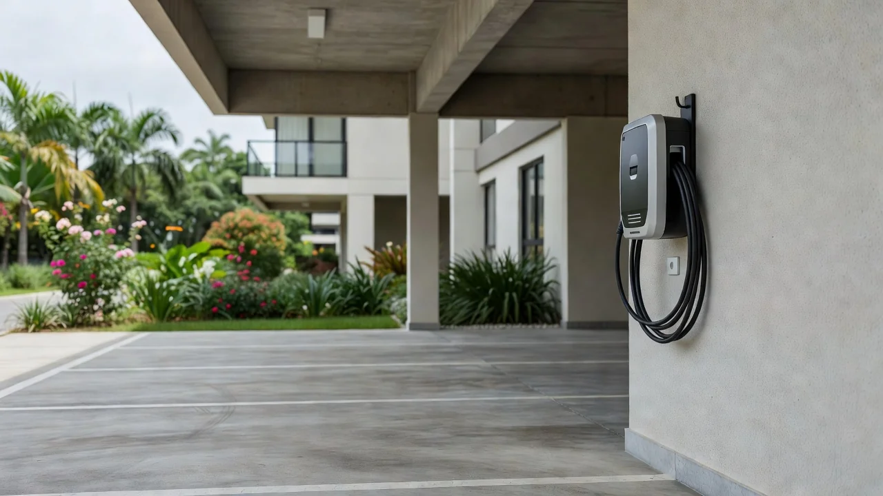 Carregador para carro elétrico instalado em vaga de condomínio residencial brasileiro