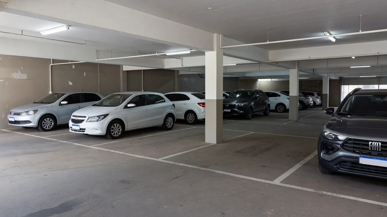 Garagem compartilhada em prédio residencial brasileiro com carros estacionados