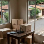 Caixas de mudança e modem de internet em residência brasileira