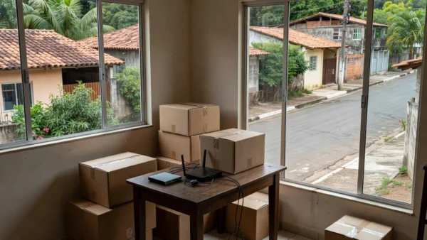 Caixas de mudança e modem de internet em residência brasileira