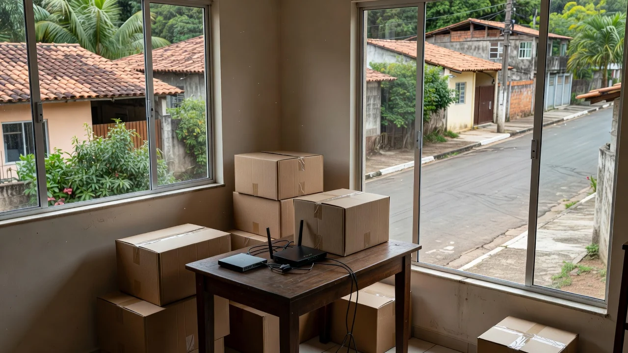 Caixas de mudança e modem de internet em residência brasileira