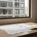Documentos de atas de assembleia sobre mesa com vista para prédio residencial brasileiro