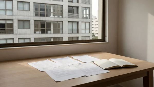 Documentos de atas de assembleia sobre mesa com vista para prédio residencial brasileiro