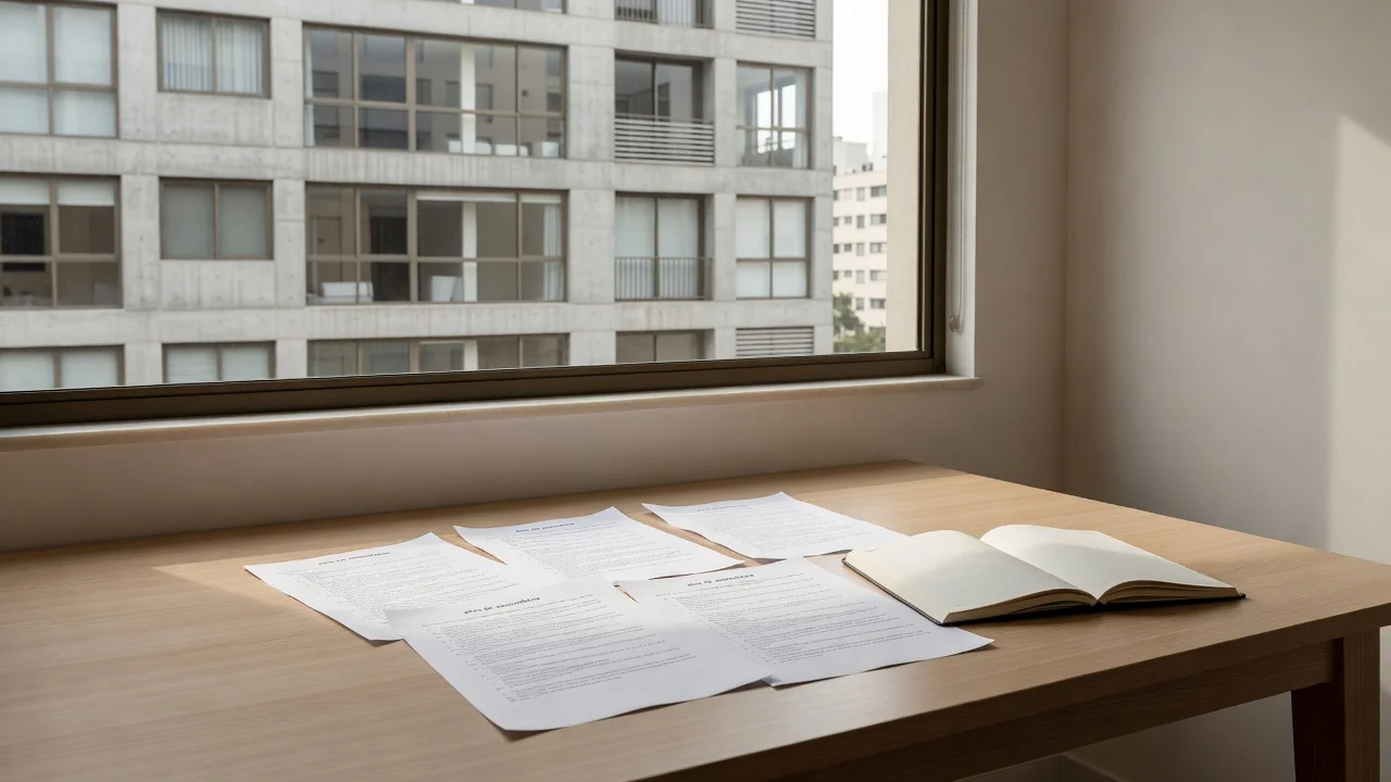 Documentos de atas de assembleia sobre mesa com vista para prédio residencial brasileiro