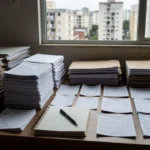 Mesa organizada com pastas e comprovantes de condomínio para organização prática