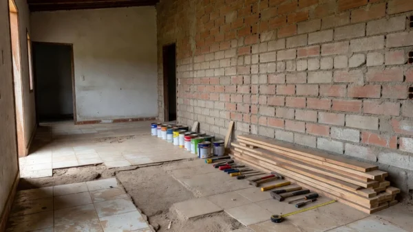 Casa em reforma no Brasil com materiais de obra organizados passo a passo
