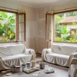 Reforma em etapas em casa brasileira com sala e materiais de construção