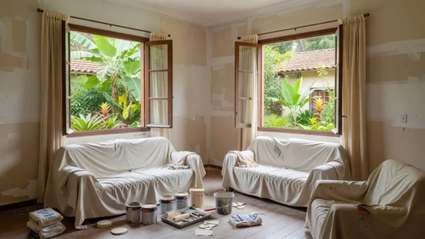Reforma em etapas em casa brasileira com sala e materiais de construção