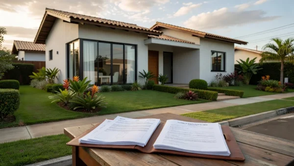 Certidão de regularidade do FGTS ao lado de casa brasileira para compra de imóvel