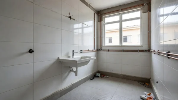 Banheiro de apartamento em reforma com azulejos e pia moderna
