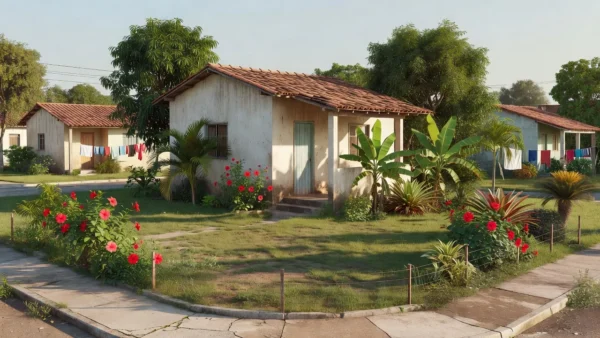 Casa residencial brasileira em bairro suburbano, simbolizando compra do primeiro imóvel.