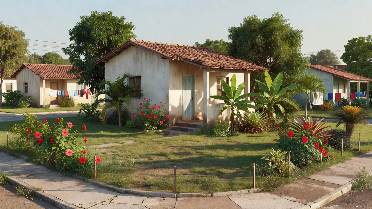 Casa residencial brasileira em bairro suburbano, simbolizando compra do primeiro imóvel.