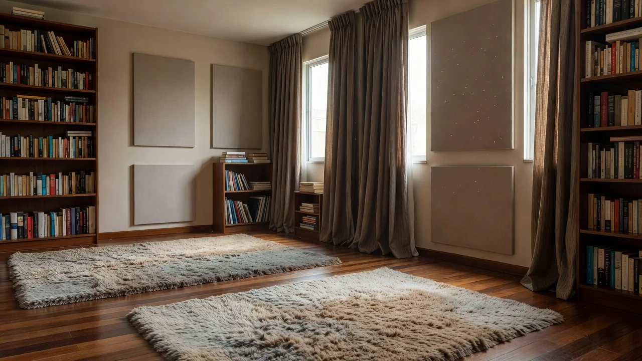 Apartamento brasileiro com cortinas grossas e tapetes para isolamento acústico