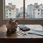 Mesa com cofrinho e chaves em apartamento alugado no Brasil representando economia para comprar imóvel