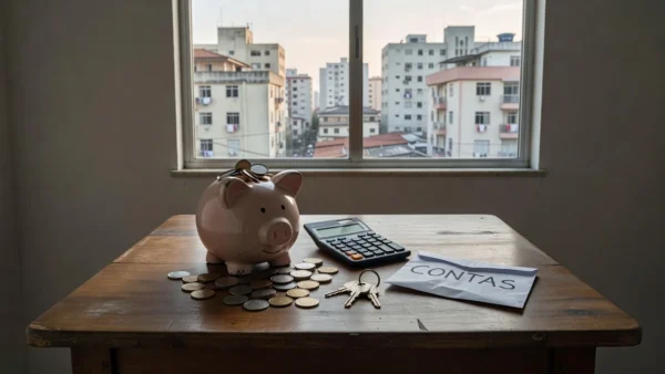 Mesa com cofrinho e chaves em apartamento alugado no Brasil representando economia para comprar imóvel