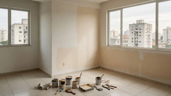 Apartamento em reforma com paredes pintadas e ferramentas