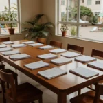Sala de assembleia em condomínio residencial brasileiro com mesa e documentos