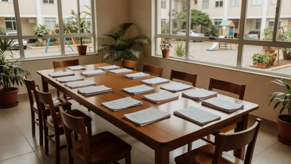 Sala de assembleia em condomínio residencial brasileiro com mesa e documentos