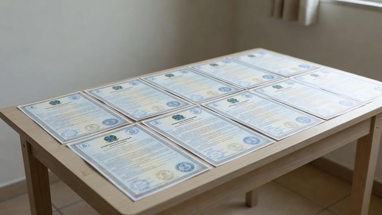 Certidões de ações cíveis do vendedor em documentos oficiais sobre mesa