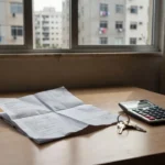 Contrato de aluguel com calculadora e chaves em mesa de apartamento brasileiro