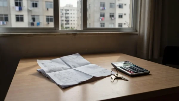 Contrato de aluguel com calculadora e chaves em mesa de apartamento brasileiro