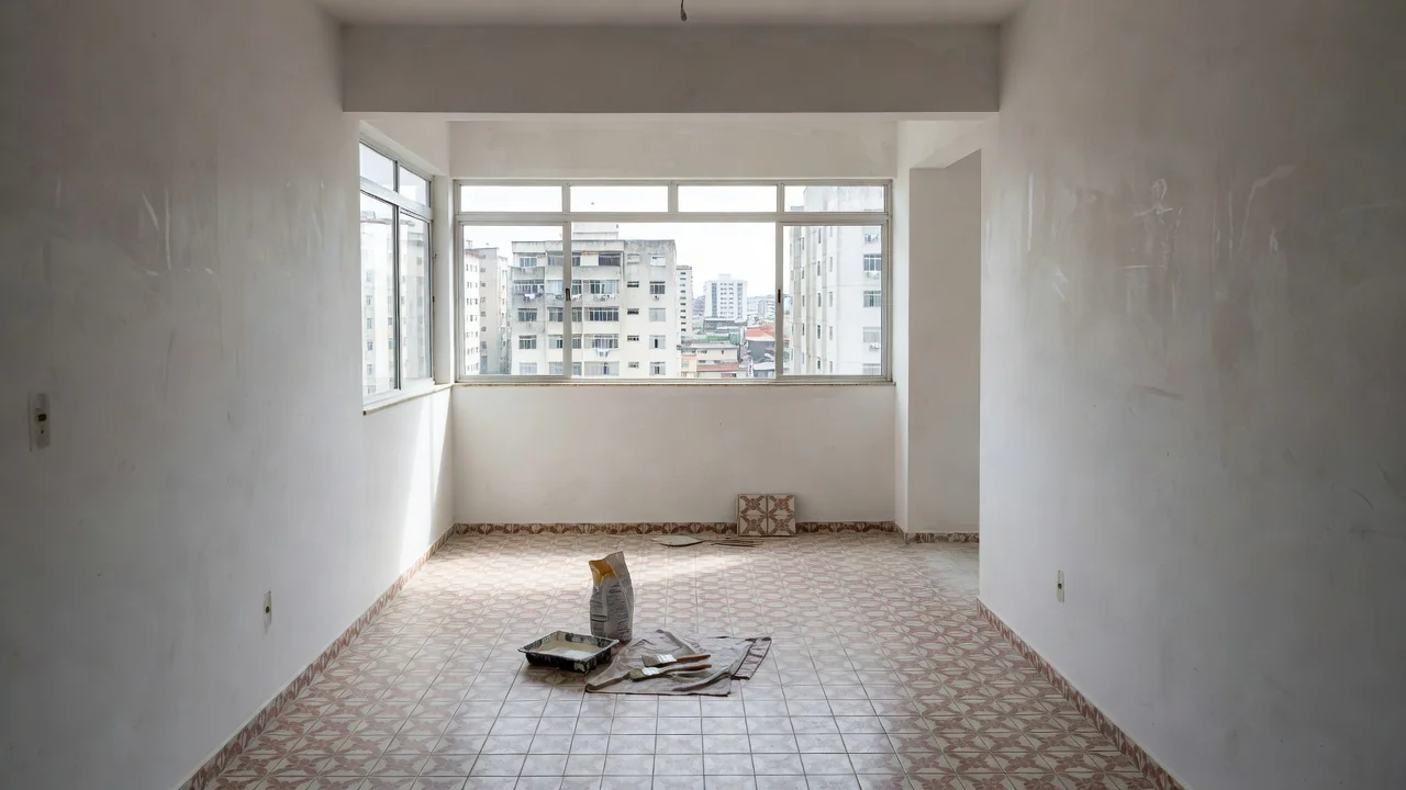 Interior de apartamento em reforma no Brasil, representando autorização para obras sem perder caução.