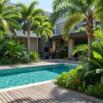 Área comum de condomínio com piscina e jardim no Brasil