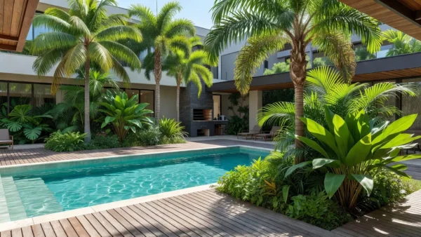 Área comum de condomínio com piscina e jardim no Brasil