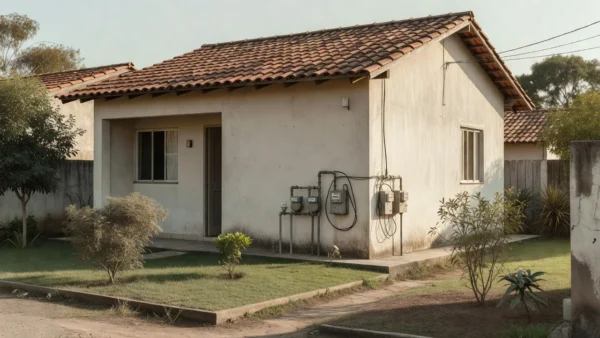 Casa residencial brasileira com medidores de luz e água após compra de imóvel