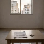 Contrato de aluguel e chaves sobre mesa em apartamento brasileiro para negociação