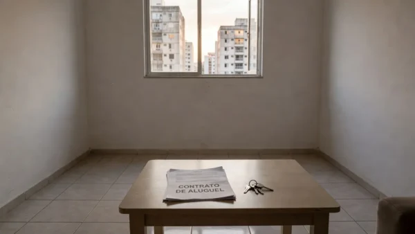 Contrato de aluguel e chaves sobre mesa em apartamento brasileiro para negociação