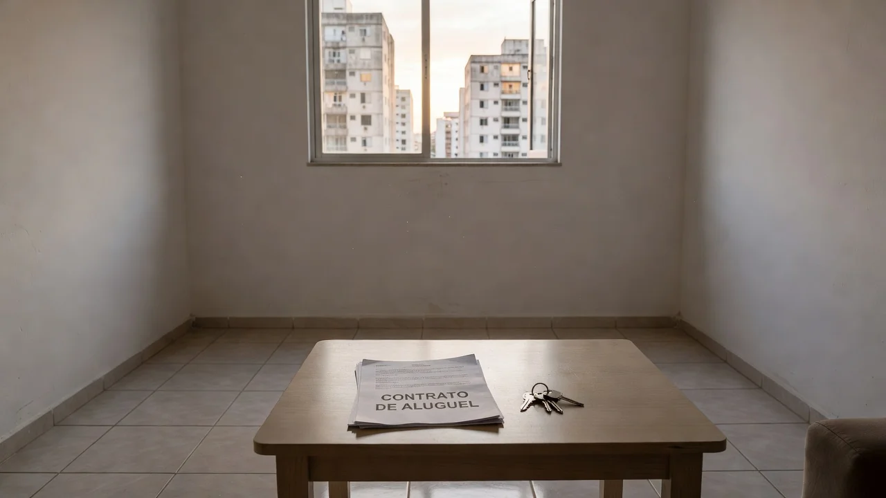 Contrato de aluguel e chaves sobre mesa em apartamento brasileiro para negociação